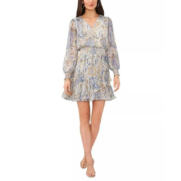 Vince Camuto Dresses & Skirts - NWT Vince Camuto Parsley Print Ruffle Hem Smocked-Waist Long Sleeve Mini Dress